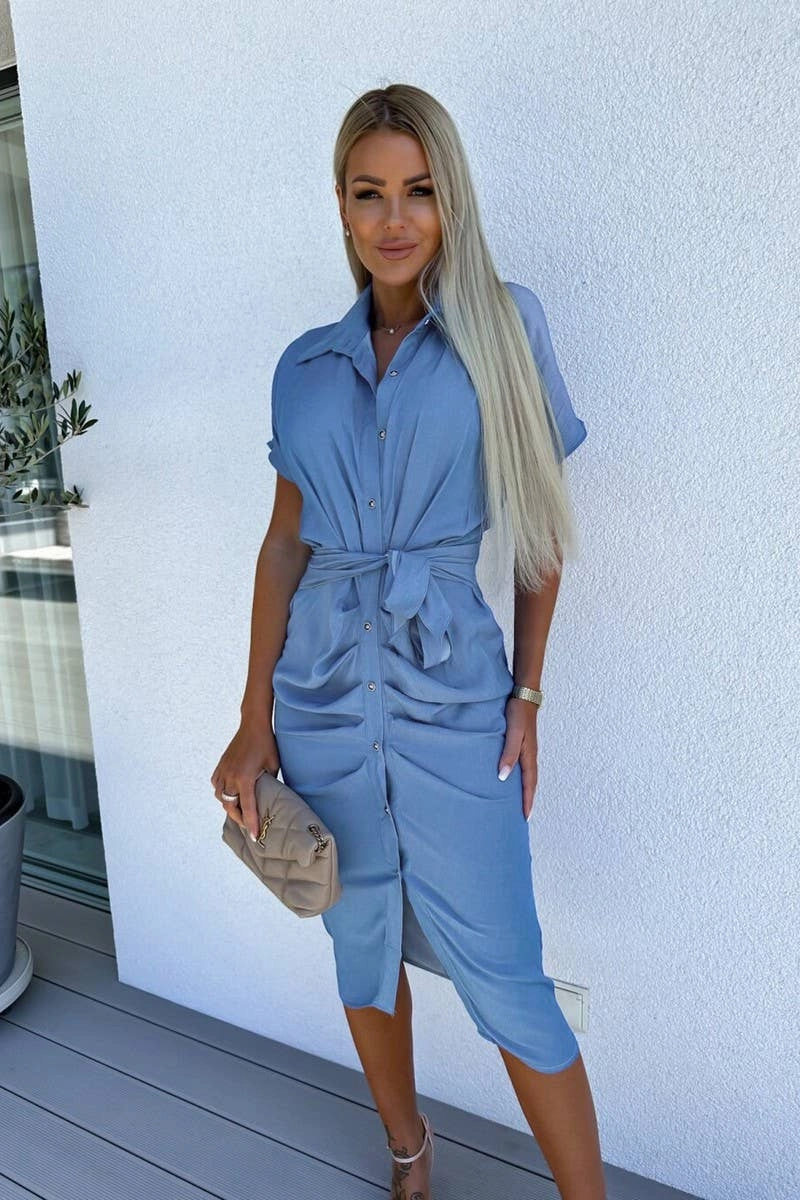 BATWING SLEEVE BELTED SINGLE BREASTED SHIRT DRESS_CWDSD2978 Reflective Accent Stripes