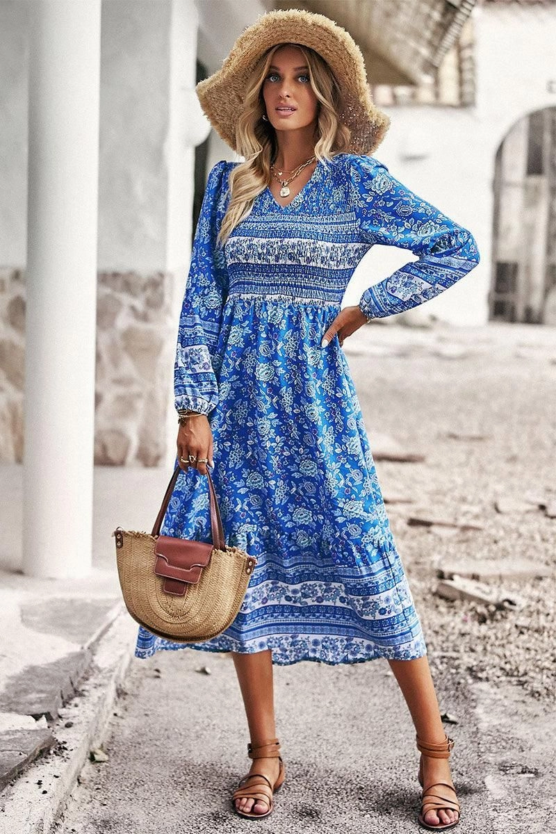 LONG SLEEVE SMOKED BOHEMIAN FLARE DRESS Vibrant Style Polished look dress