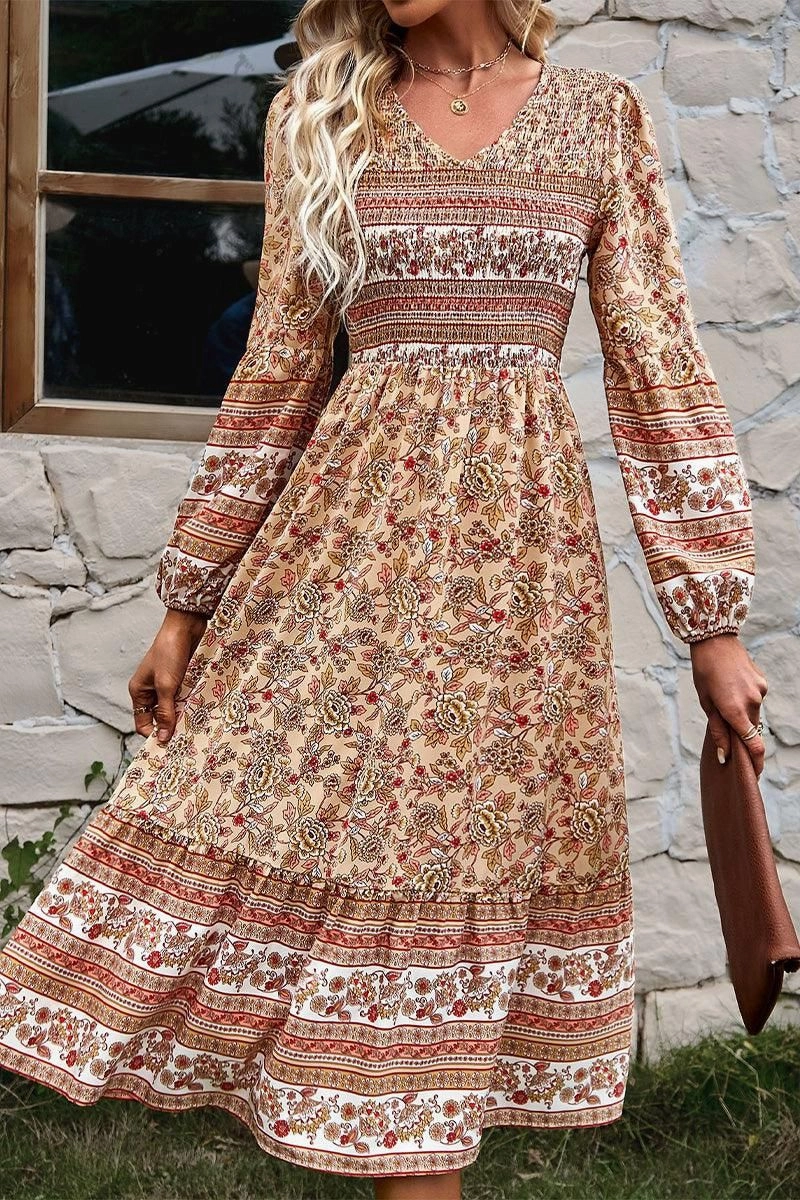 Flattering Wearable LONG SLEEVE SMOKED BOHEMIAN FLARE DRESS