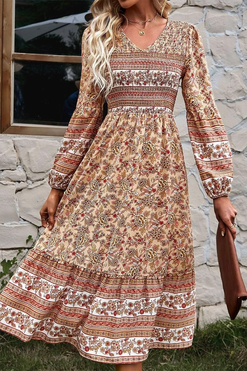 Fashion-forward day dress LONG SLEEVE SMOKED BOHEMIAN FLARE DRESS