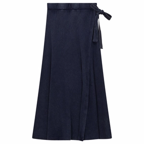 Recycled Polyester Flat Lay Collar Spades Dark Denim Wash Ribbed Midi Wrap Skirt SB3CM8350SMW