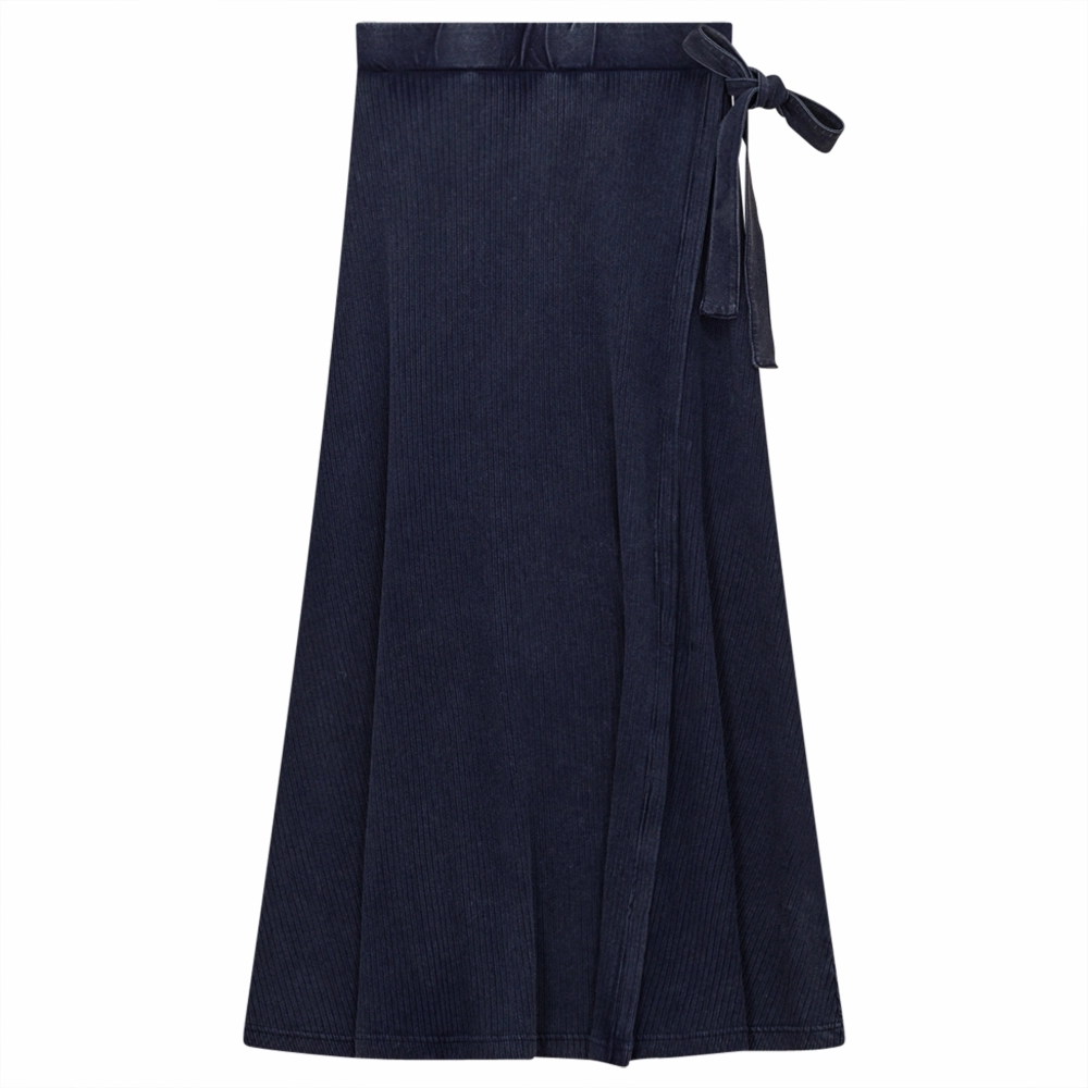 Recycled Polyester Flat Lay Collar Spades Dark Denim Wash Ribbed Midi Wrap Skirt SB3CM8350SMW