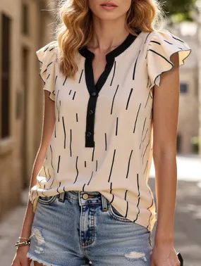 Women's Striped Flying Sleeve Top with Ruffle Trim Comfortable Wear