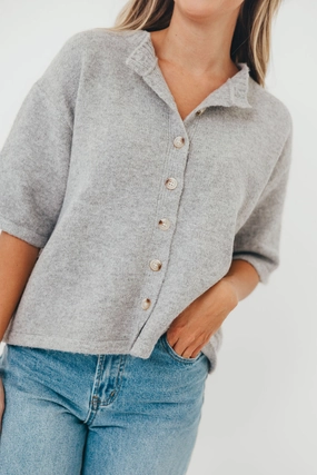 Davina Button-Up Sweater in Heather Grey YarnDyeStripe Flatlock Seam Technology