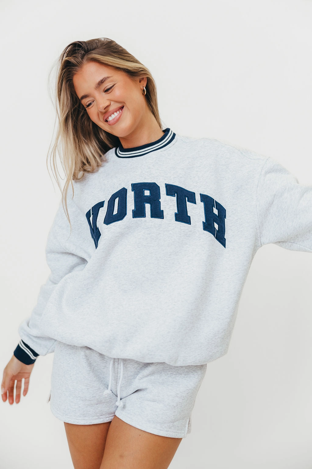 WORTH Preppy Embroider Crew Sweatshirt in Pearl Grey Everyday Style Athletic Wear