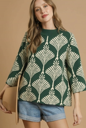 Bonded Seam Innovation Self Fabric Tie Abstract Printed Pullover Sweater in Forest Green