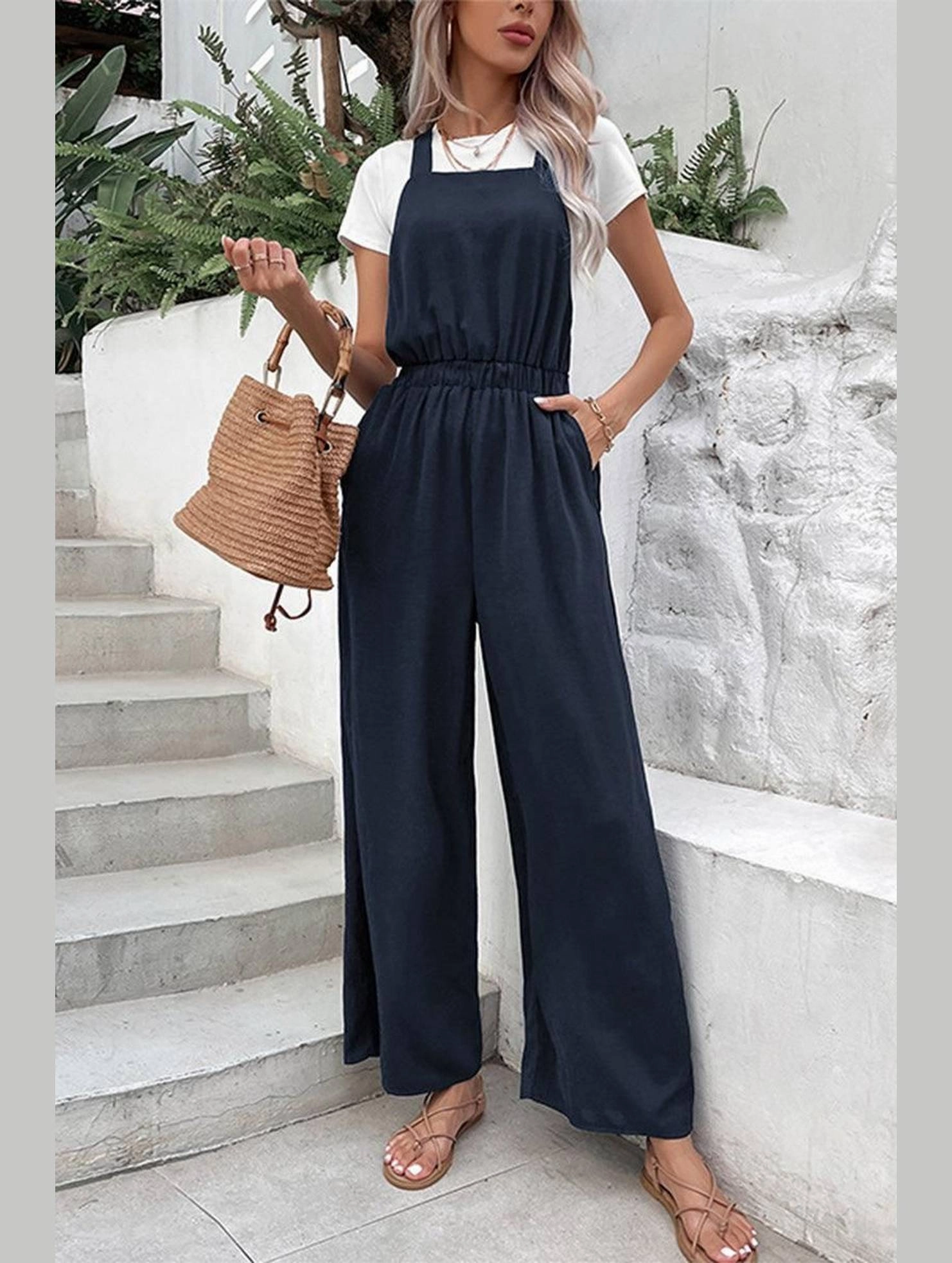 DRAWSTRING WAIST WOMEN JUMPSUIT WITH POCKETS Flexible Knit Fabric