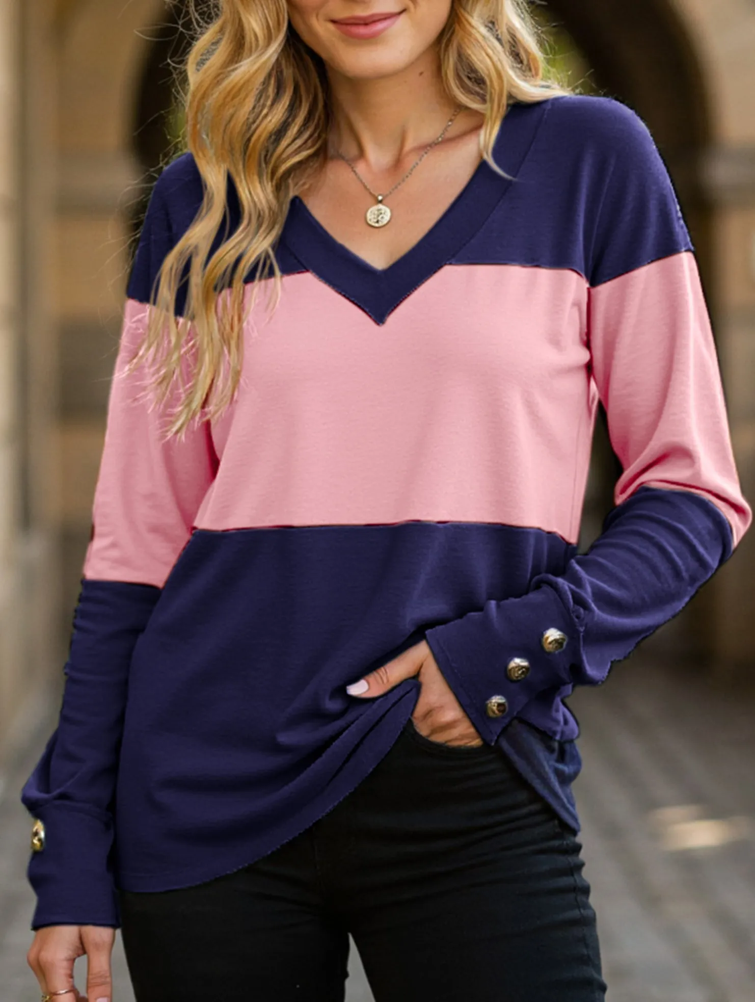 Summer Polo V-neck casual colorblock long-sleeved T-shirt