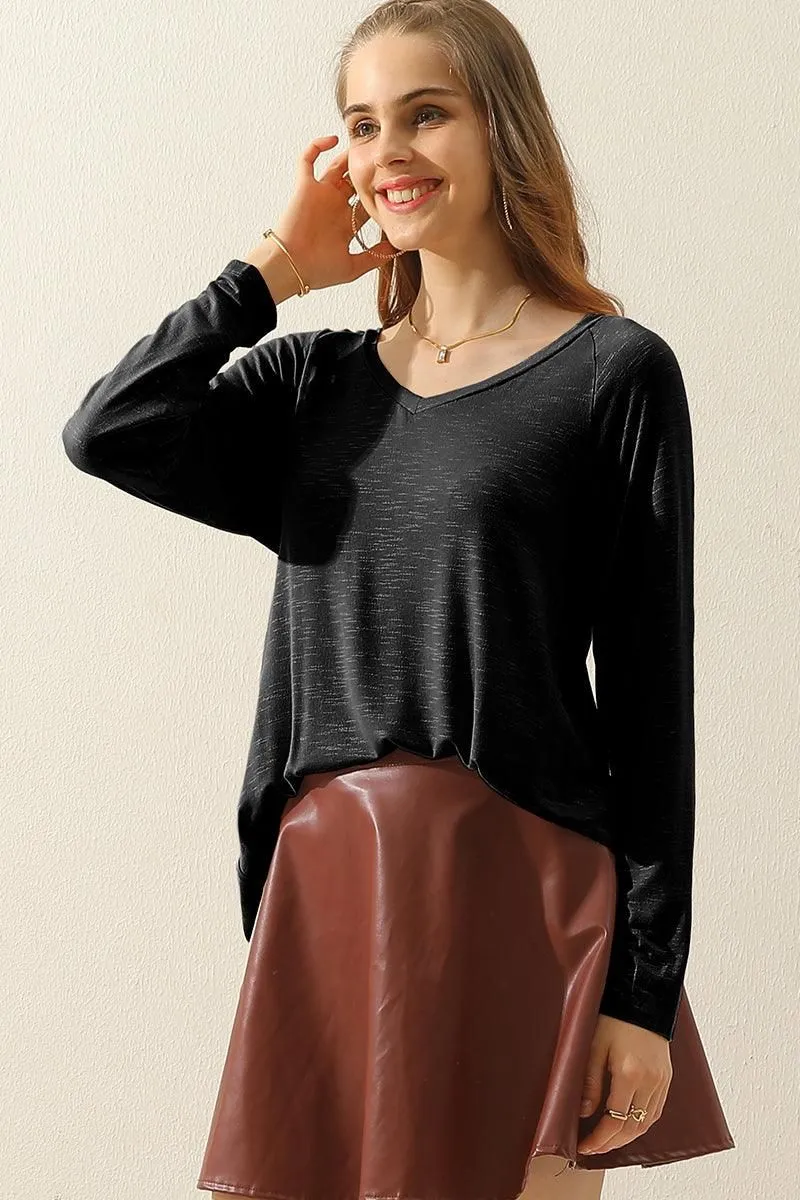 V NECK FLARE FLOUNCE LONG SLEEVE SLUB TUNIC TOP LightweightTexture