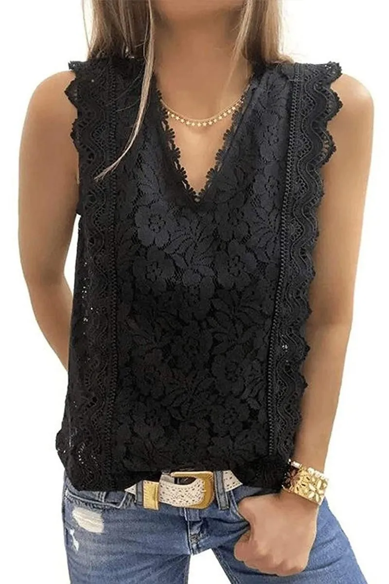 V NECK FLORAL LACE MESH SLEEVELESS TOP ResilientStretch