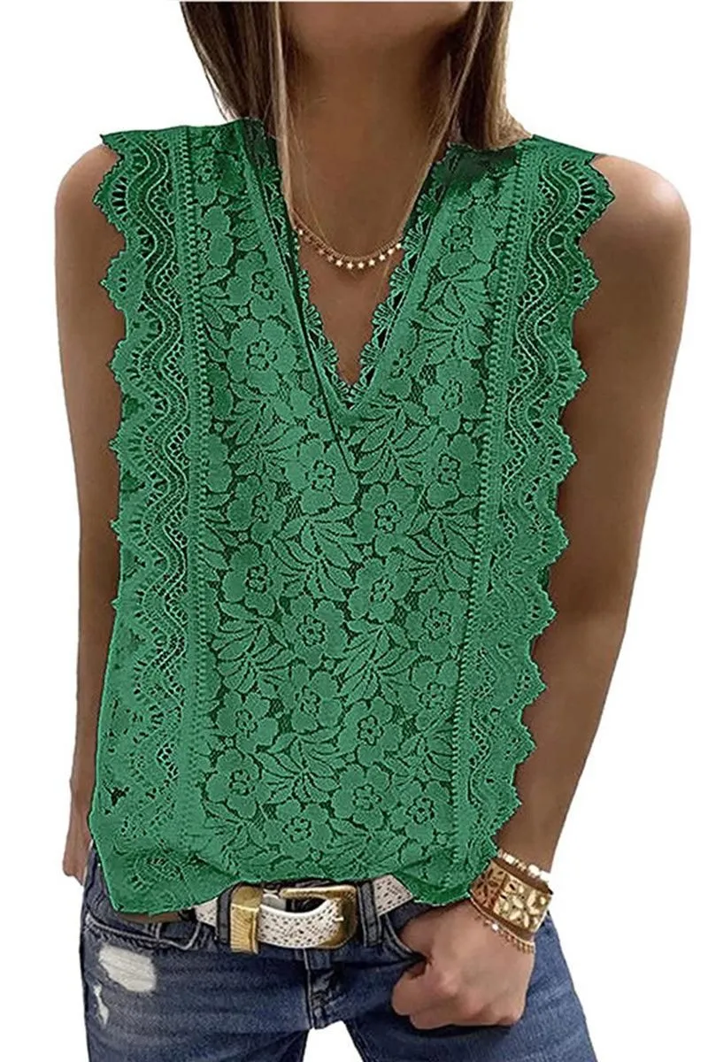 V NECK FLORAL LACE MESH SLEEVELESS TOP Soft Knit
