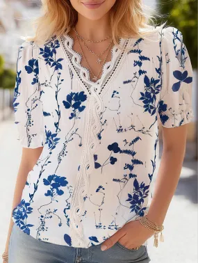 V-Neck Lace Patchwork Print Shirt ??Stylish & Versatile Women??s Top Thermal Insulation Layer ComfortStretchFit