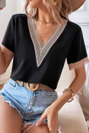 V NECK LACE POINT SHORT SLEEVE TOP Non Irritating Label