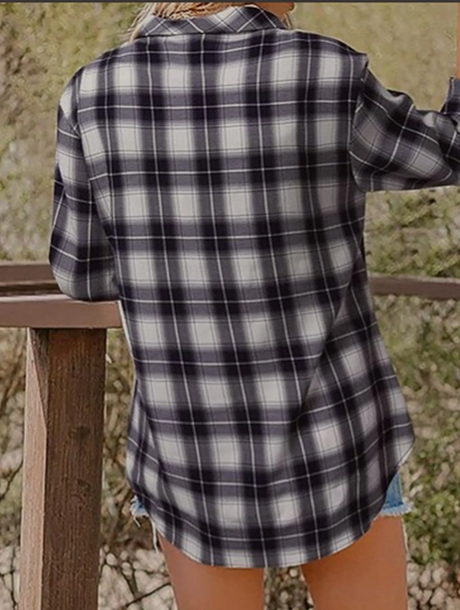 V-neck lapel loose-fitting women's plaid shirt Ribbed Collar Style ContrastStitching