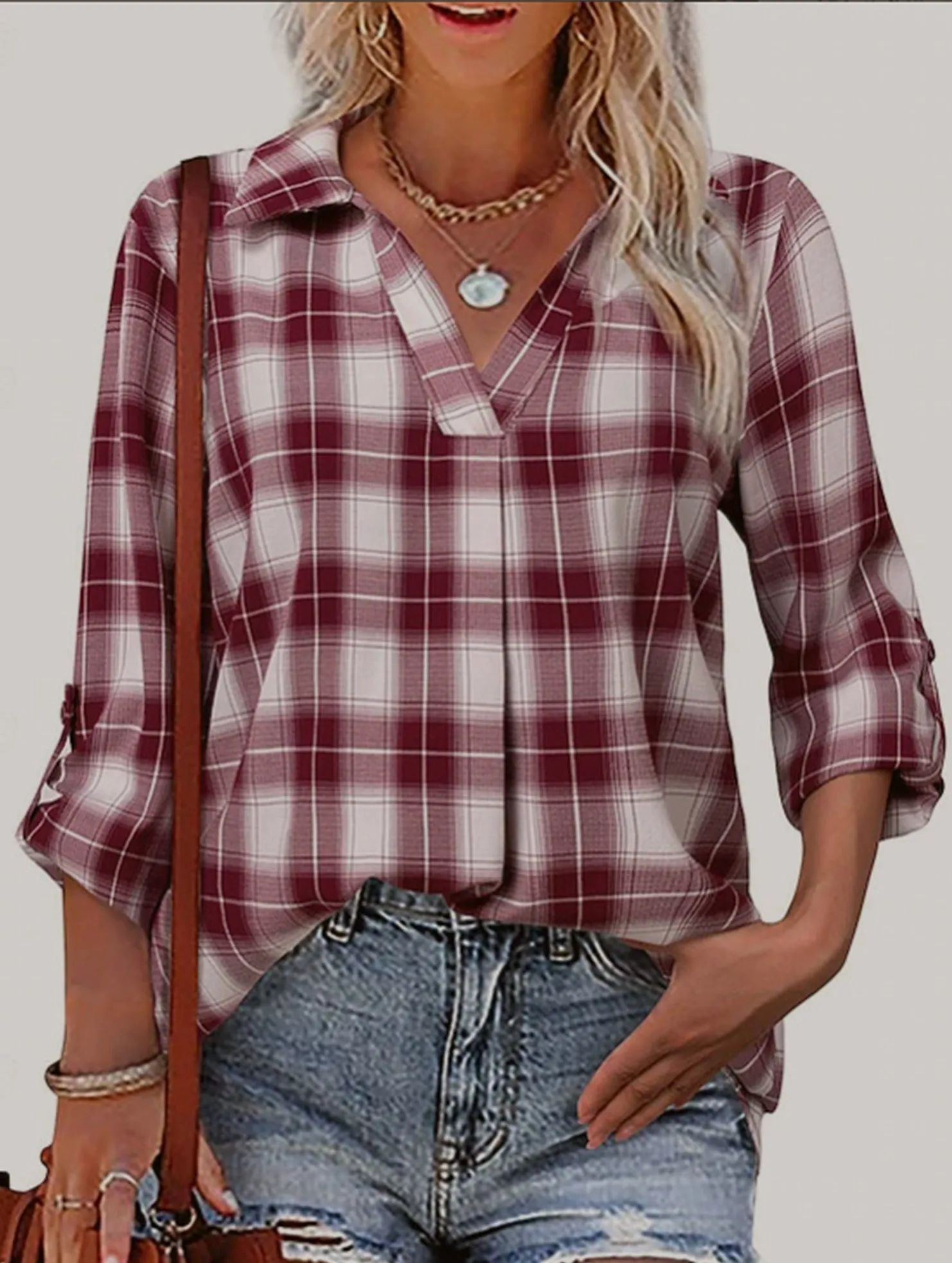 Summer Blouse V-neck lapel loose-fitting women's plaid shirt