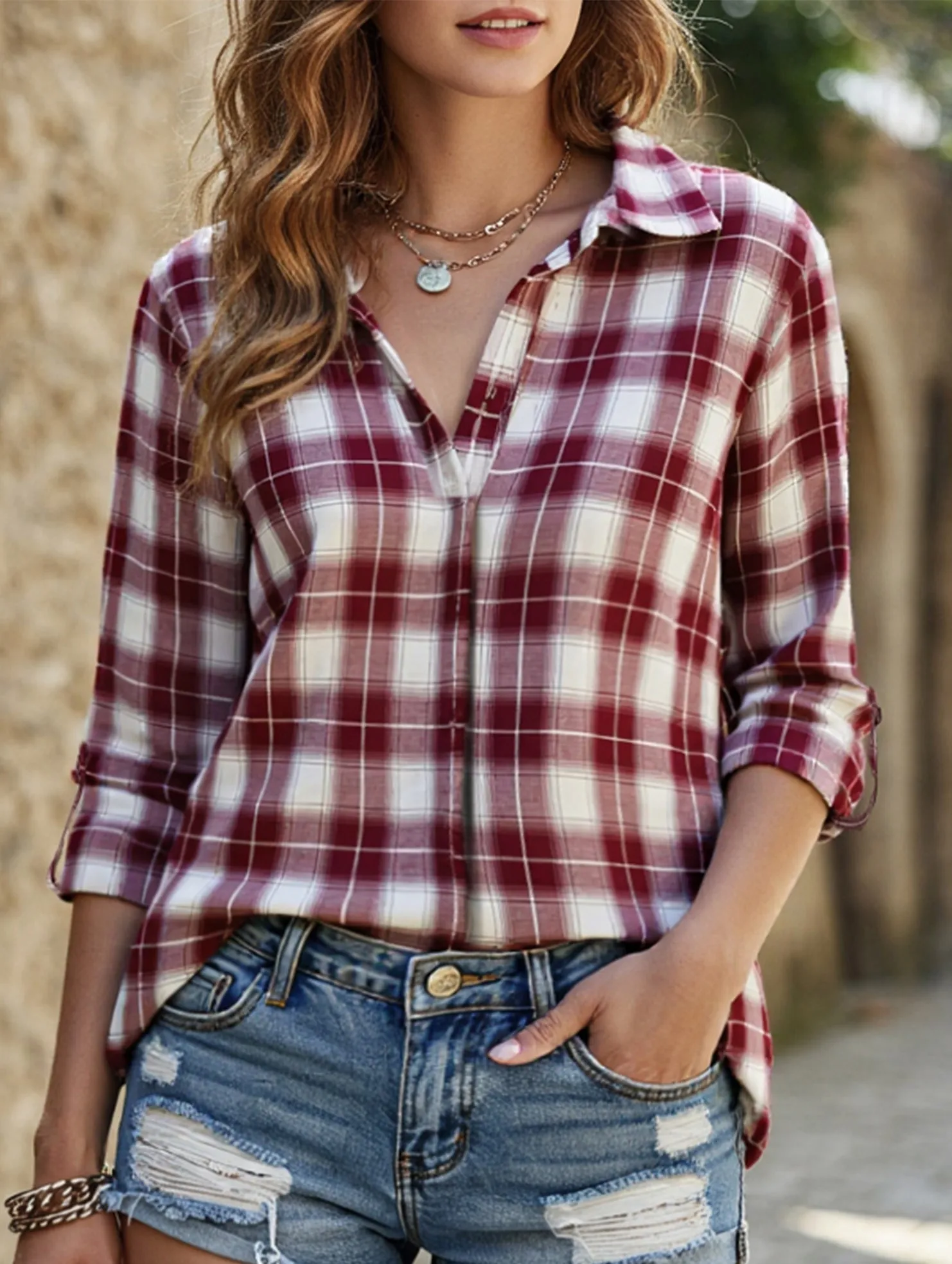 V-neck lapel loose-fitting women's plaid shirt Stretchable Blend