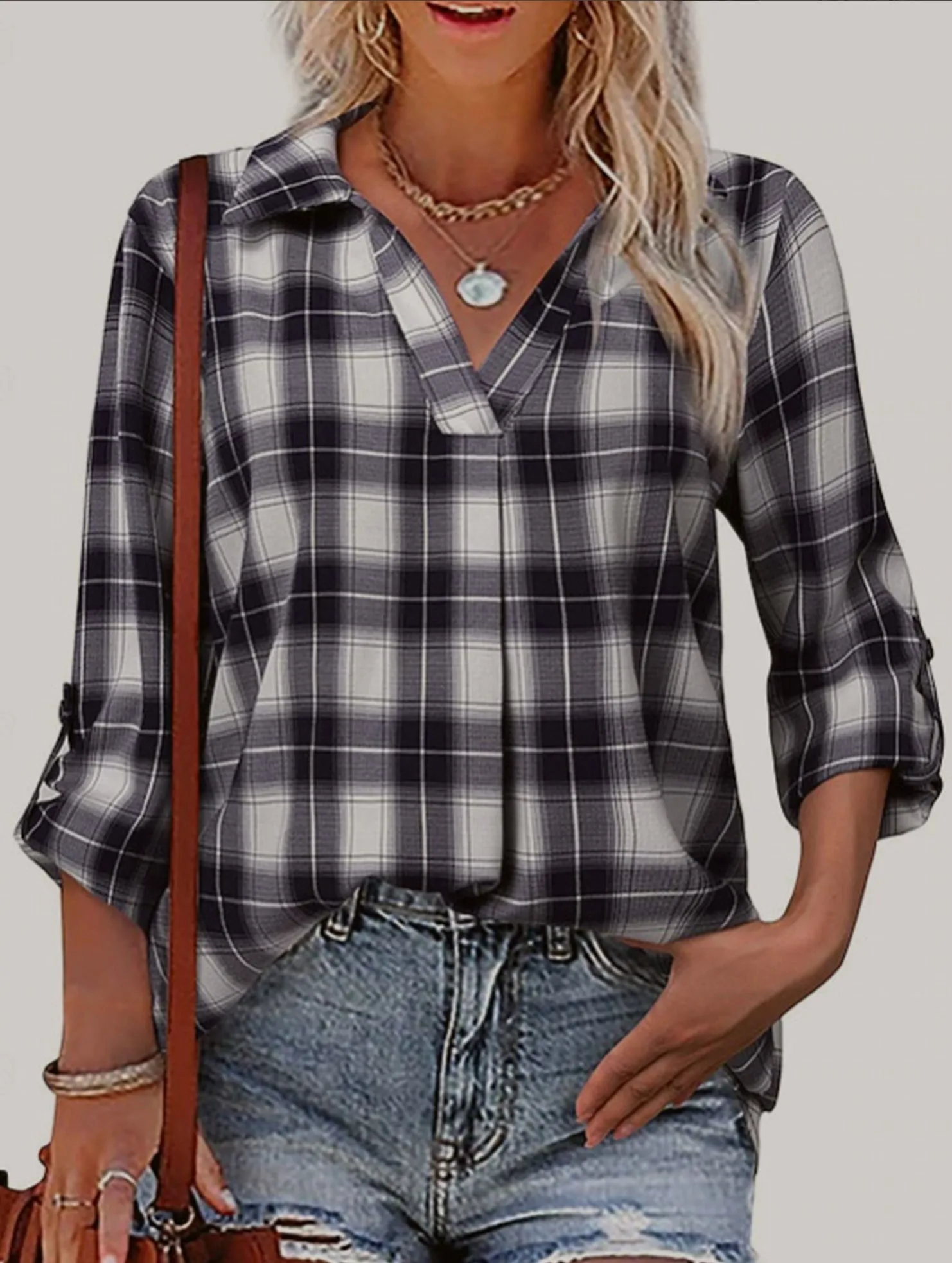 V-neck lapel loose-fitting women's plaid shirt Odor Resistant Technology Formal Wear