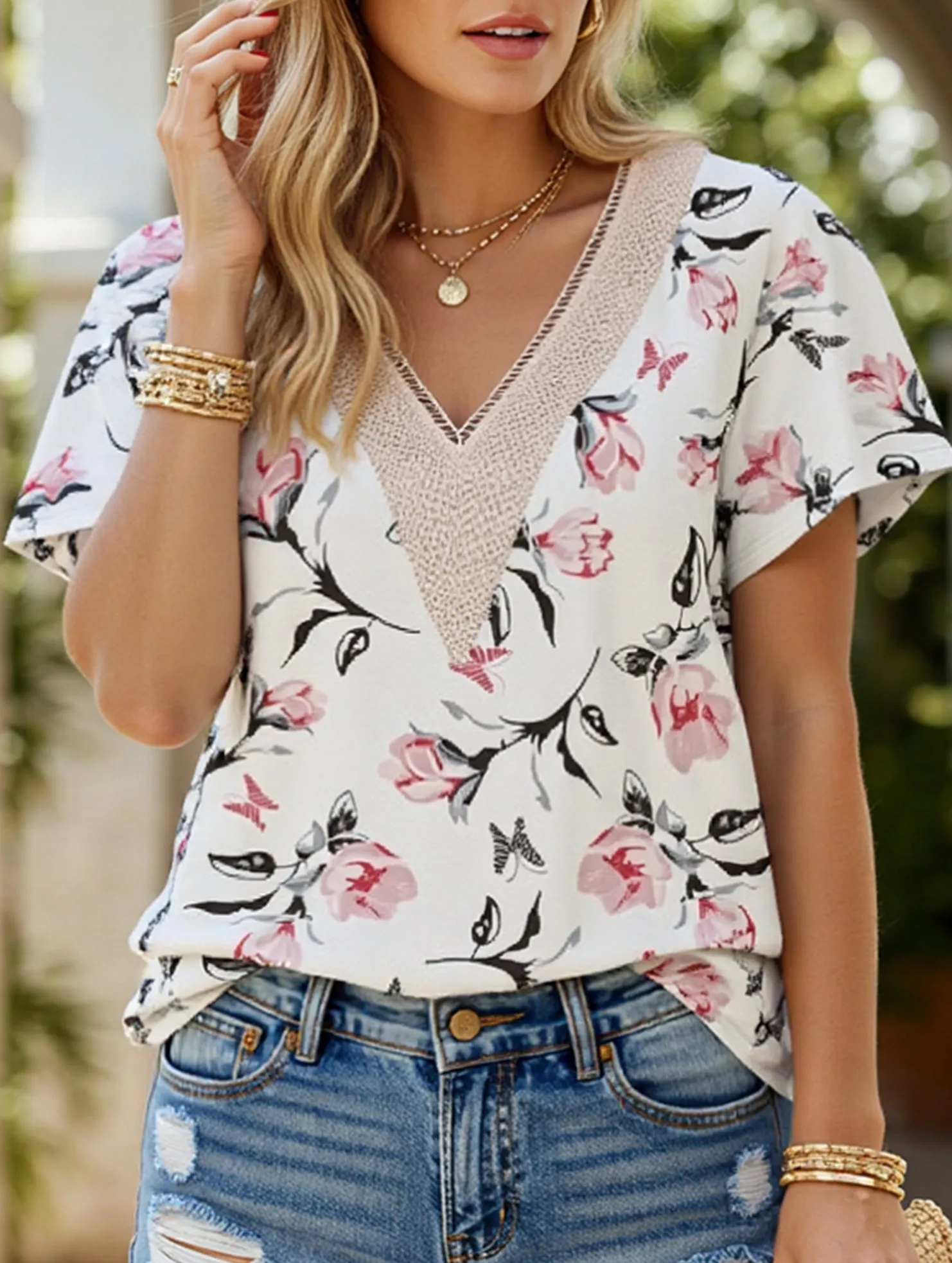 V-neck printed petal-sleeve loose pullover shirt Low Profile Collar Durable Weave