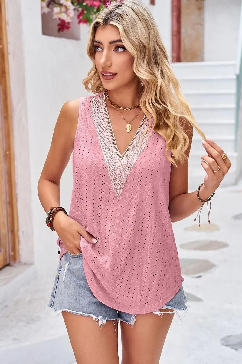 ThermalRegulating V NECK PUNCHING LACE LOOSE SLEEVELESS TUNIC TOP