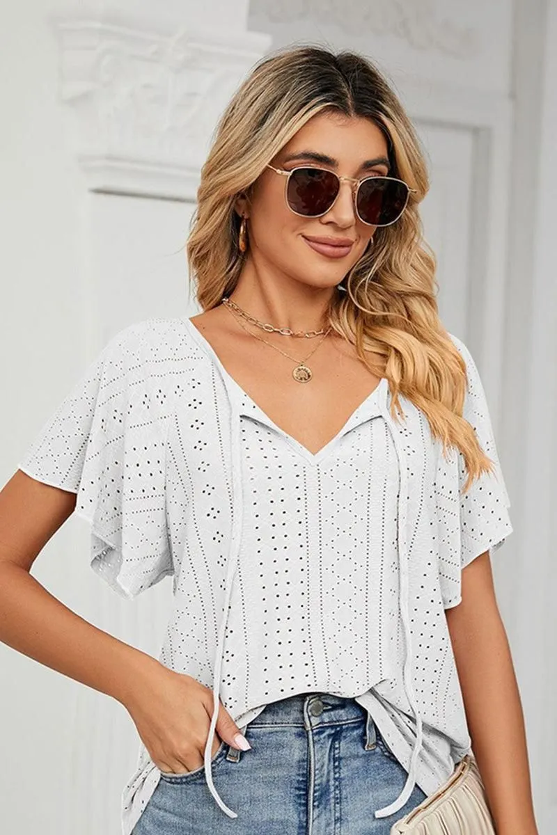 V NECK PUNCHING LACE UP RUFFLE LOOSE TOP Easy Fit