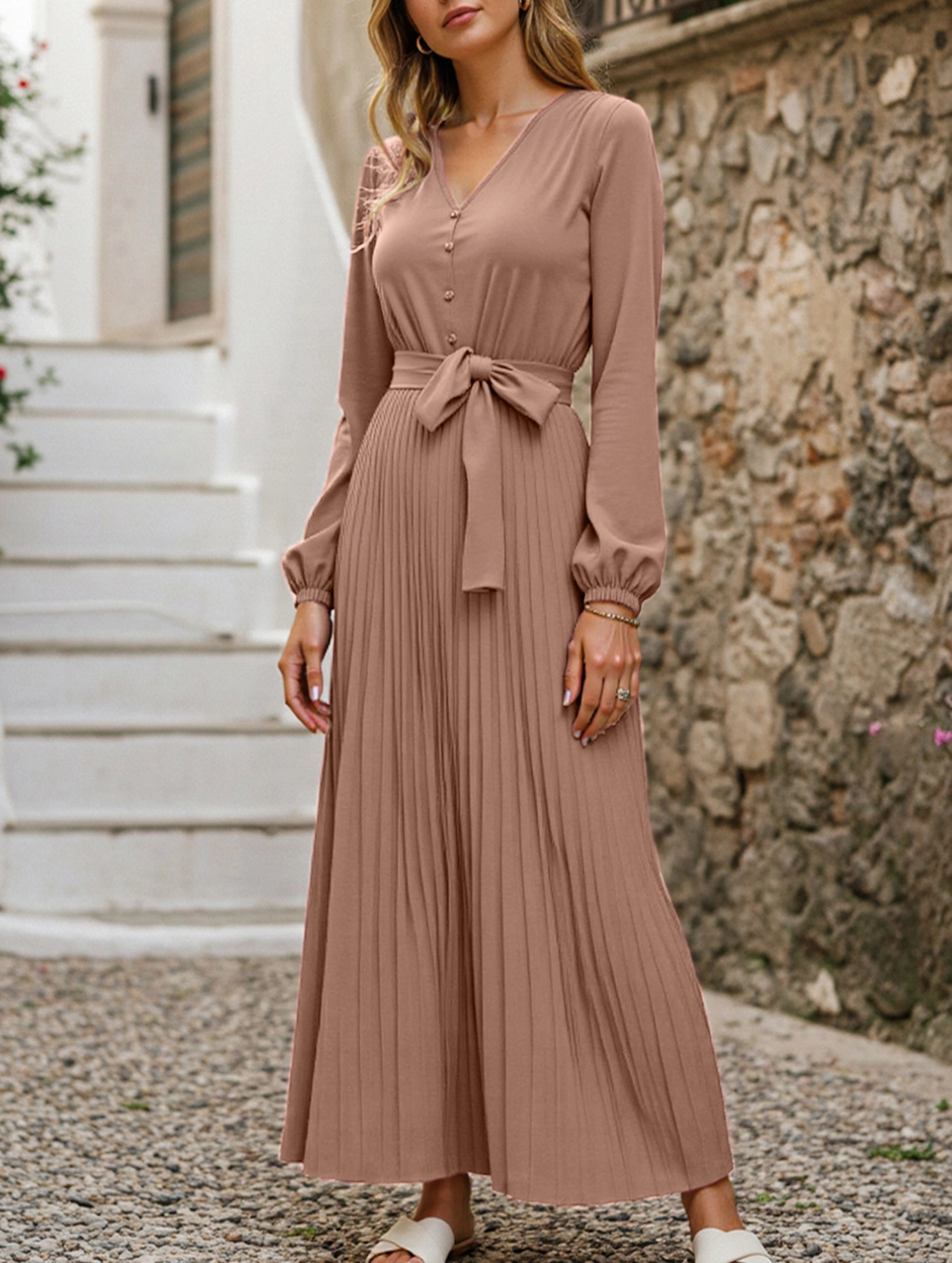 Chic Statement Office Classic V-NECK BUTTON-UP LONG PLEATED DRESS