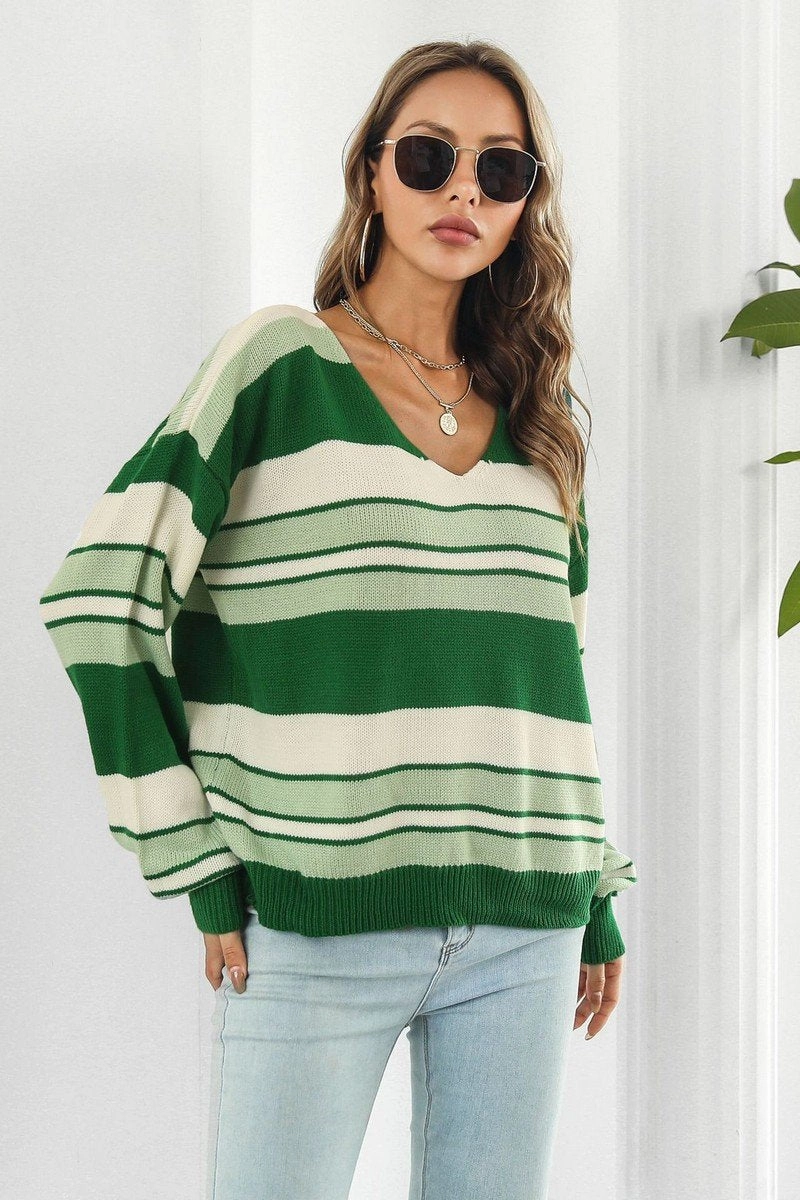 V NECK CASUAL STRIPE LONG SLEEVE SWEATER ReinforcedArmholes UltraSoft Lining