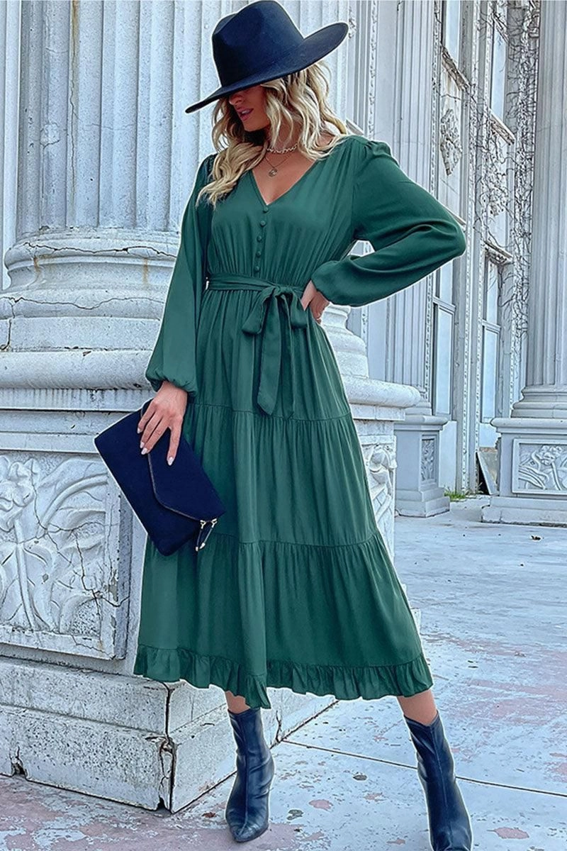 Fitted Style High-Neck V NECK DRAWSTRING WAIST RUFFLED LONG DRESS