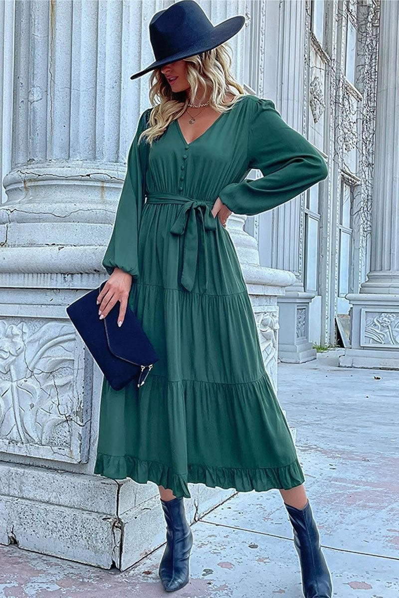 Playful Cut V NECK DRAWSTRING WAIST RUFFLED LONG DRESS