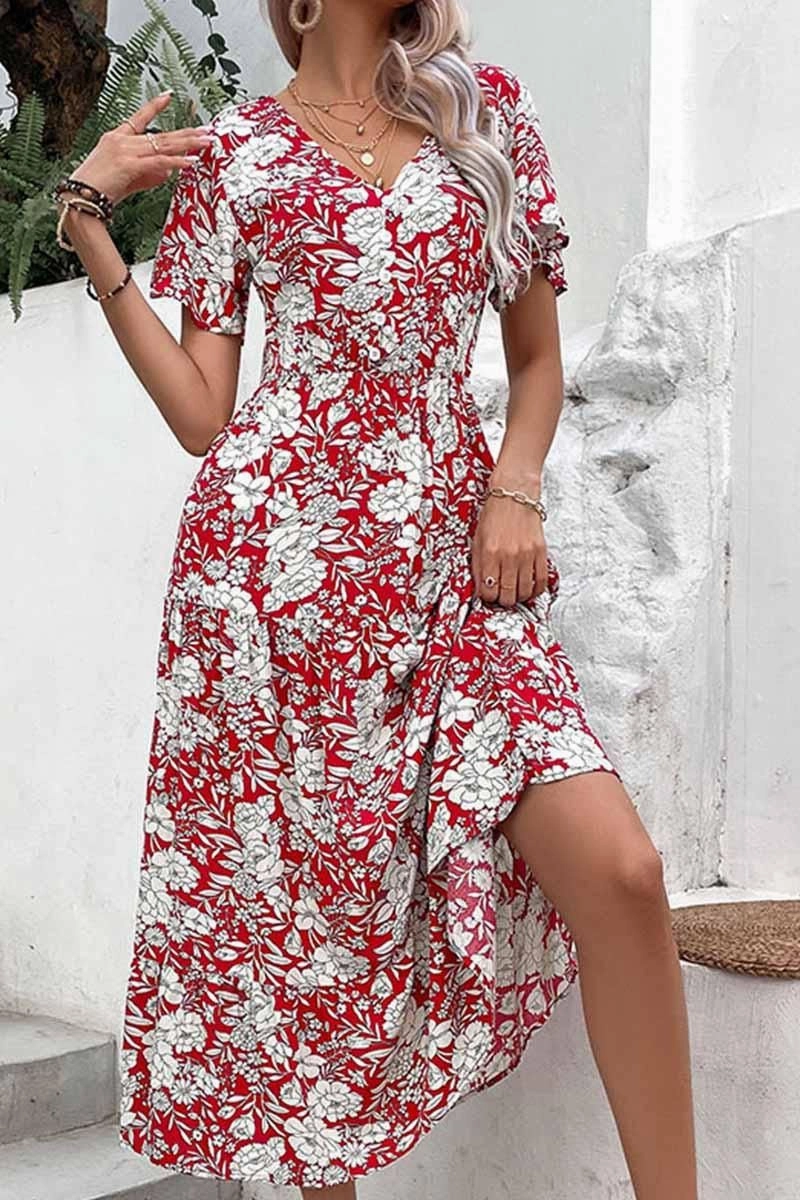 Light and Comfortable Wear V NECK FLORAL PATTERN LONG DRESS