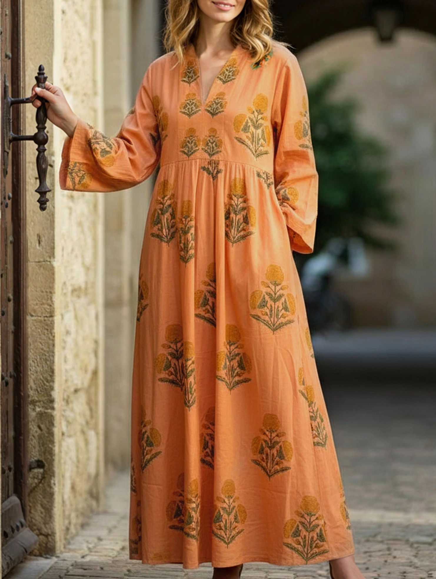 Lace Detail V-neck floral print three-quarter sleeve dress