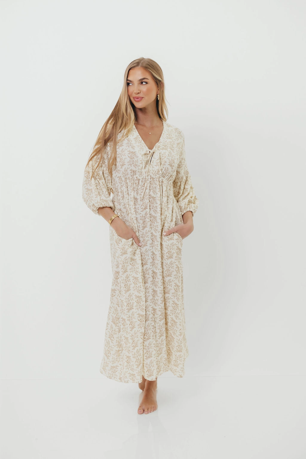Hunter 100% Cotton Gauze Midi Dress in Natural/Tan Floral - Bump Friendly *9/22 PRE-ORDER* Neutral Tones