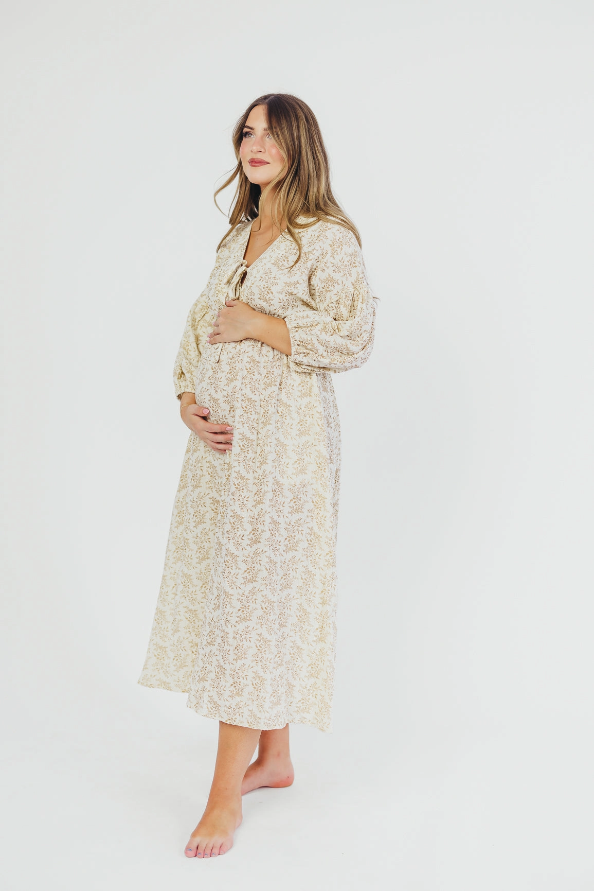 Bright Mood Calm Drape Hunter 100% Cotton Gauze Midi Dress in Natural/Tan Floral - Bump Friendly *9/22 PRE-ORDER*