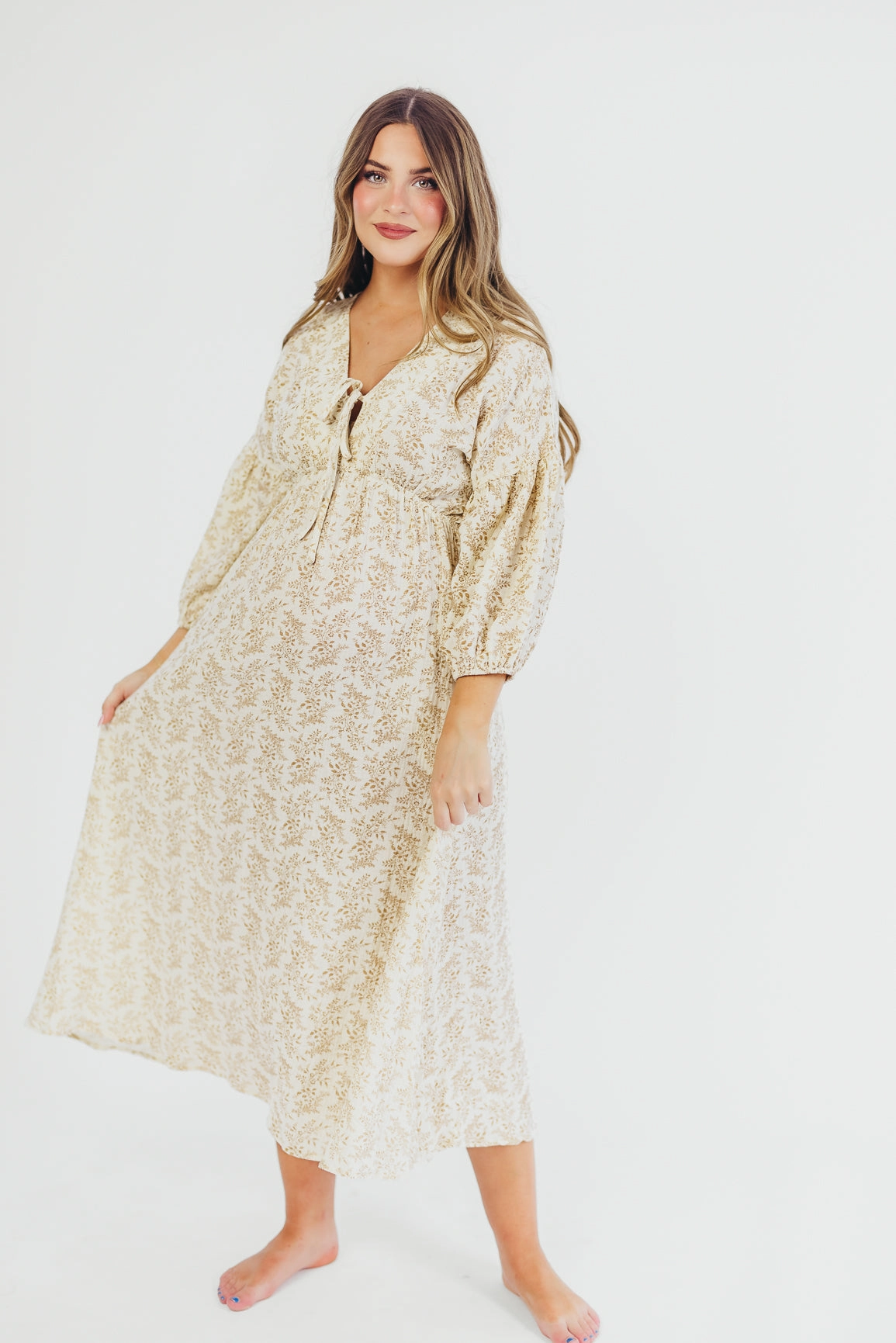 Fine Details Active Outfit Hunter 100% Cotton Gauze Midi Dress in Natural/Tan Floral - Bump Friendly *9/22 PRE-ORDER*