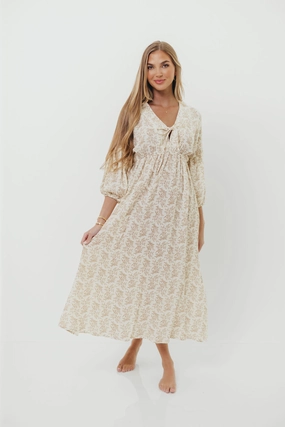 Hunter 100% Cotton Gauze Midi Dress in Natural/Tan Floral - Bump Friendly *9/22 PRE-ORDER* WrinkleResistantFinish Chic Ensemble