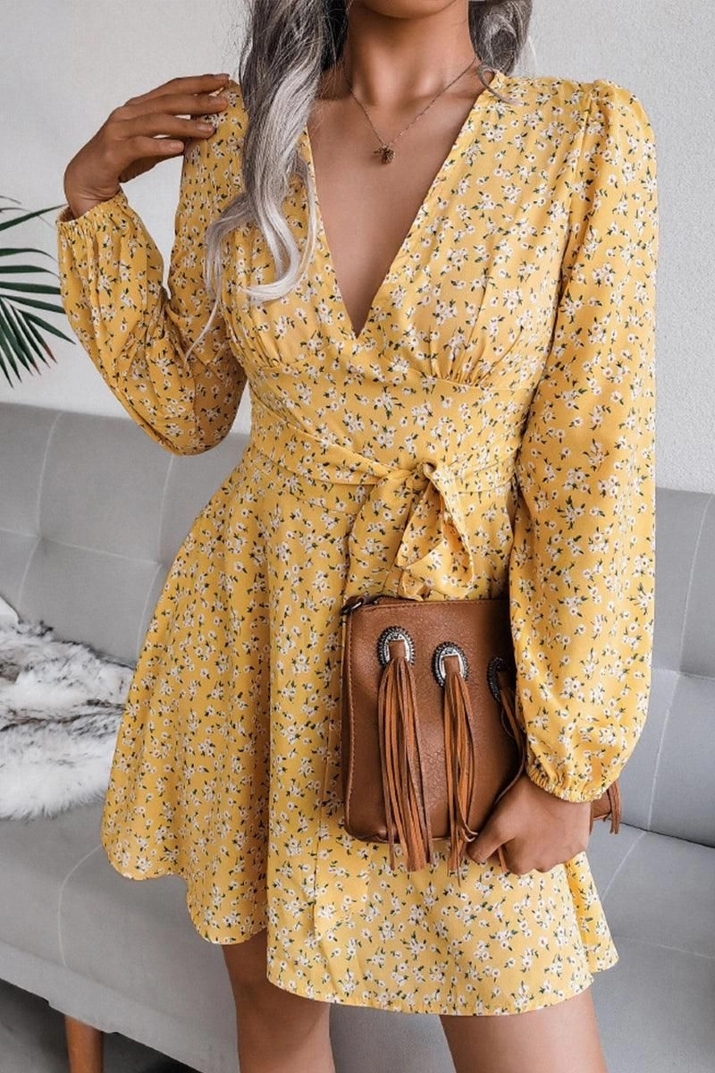 Basic Warm V NECK LONG SLEEVE FLORAL CHIFFON DRESS