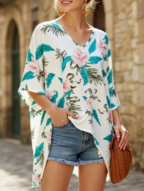 Curved Hem Design V Neck Printed Bat Sleeve Top with Loose Baggy Fit