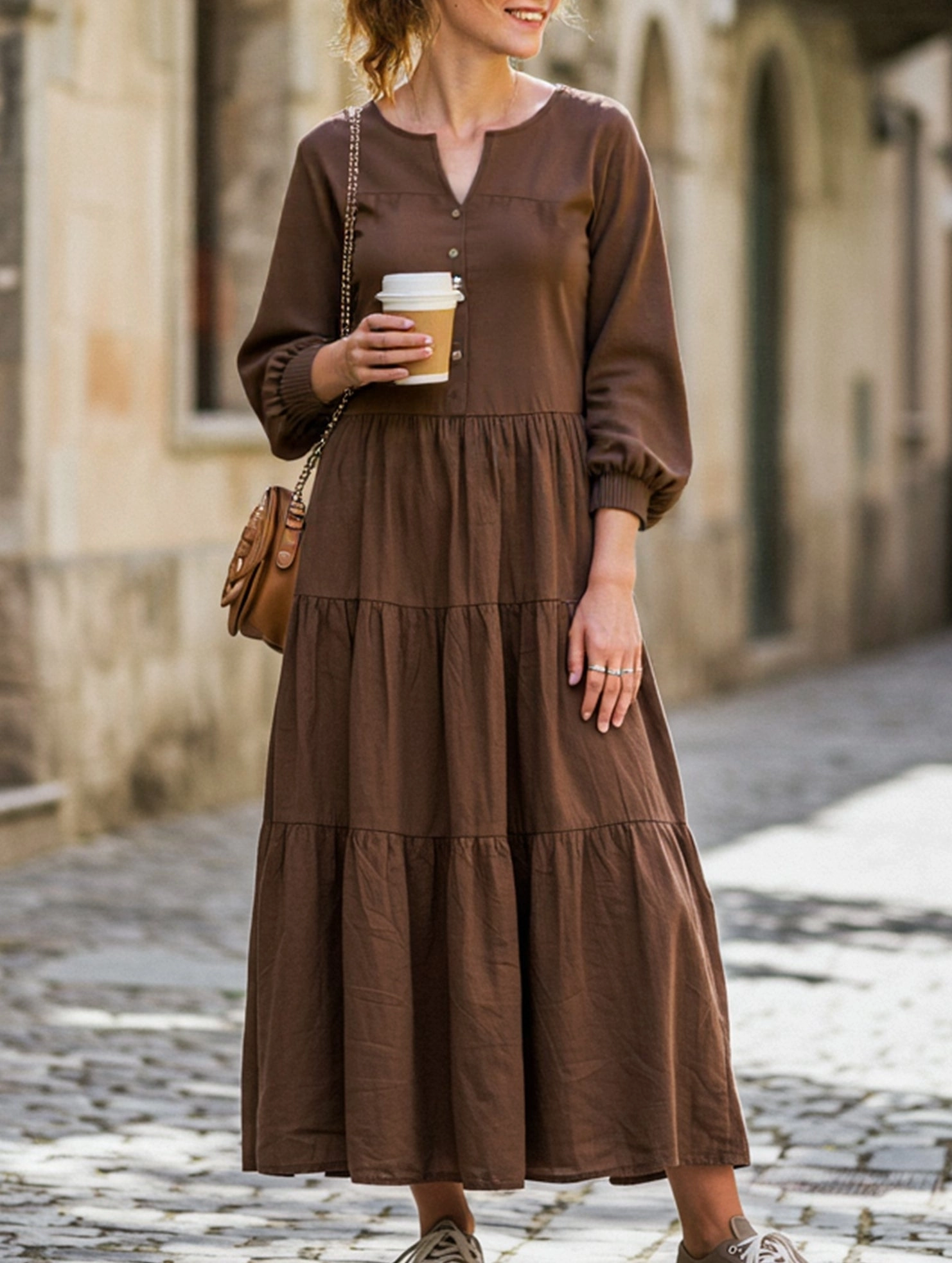 V-neck ruffled loose dress All-Day Fit Romantic Mood