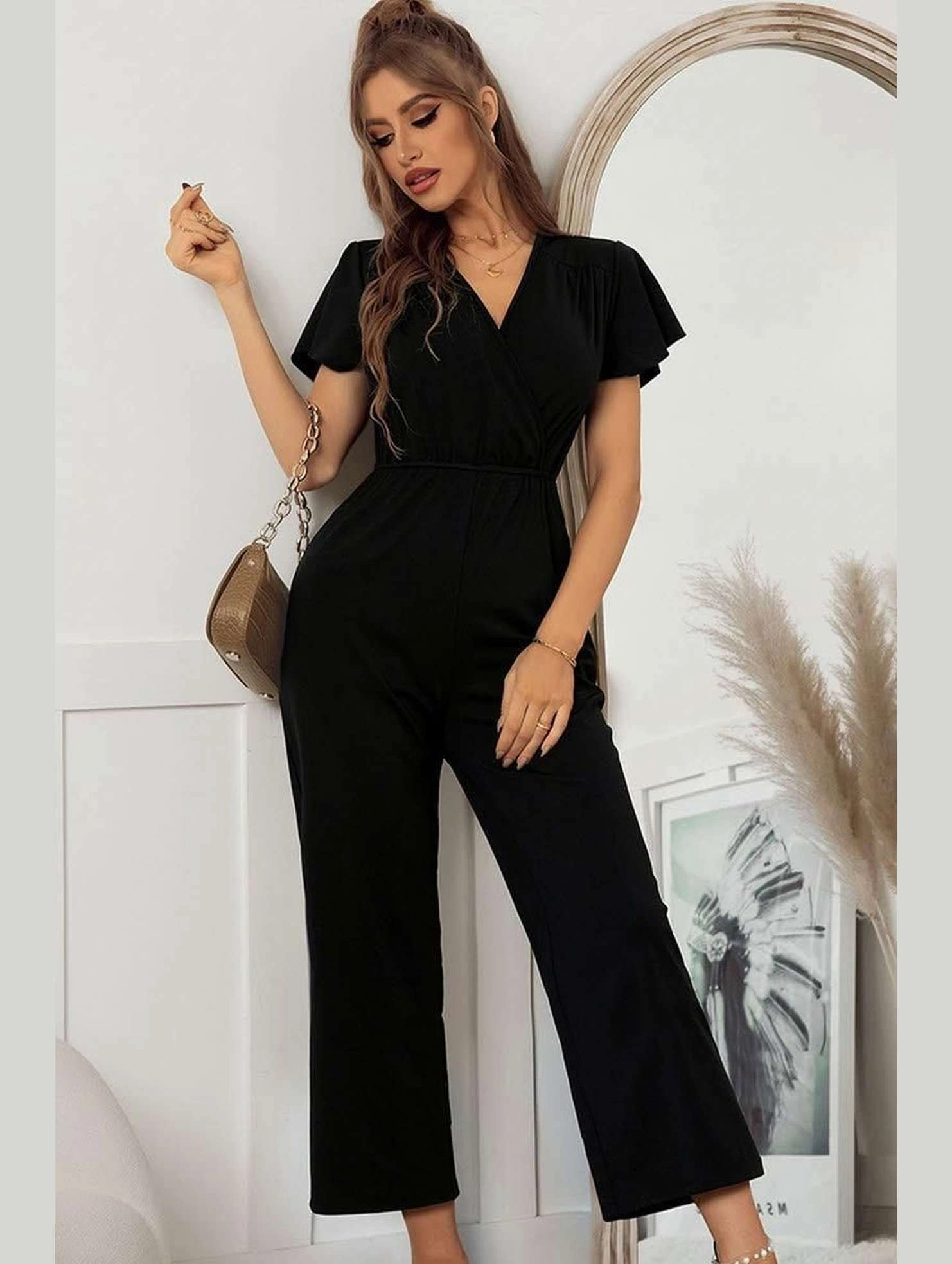 V NECK SHORT SLEEVE JUMPSUIT Premium Loose Work Office