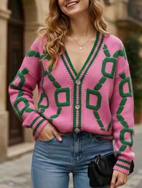 Stylish Look UV protection coating V-neck single-breasted knitted cardigan