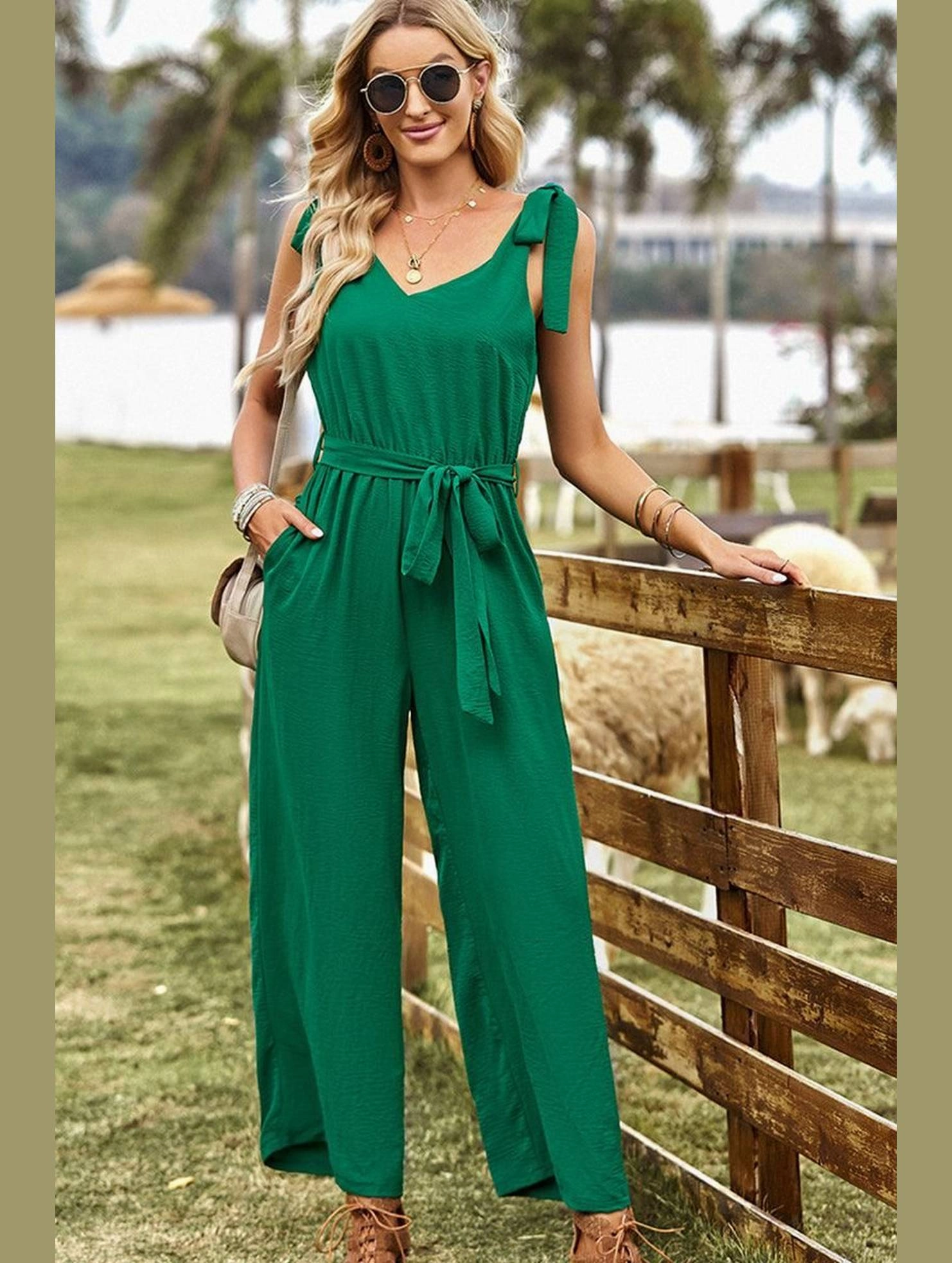 Non Chafing Edges V NECK TIED WAIST RIBBON STRAP WIDE JUMPSUIT