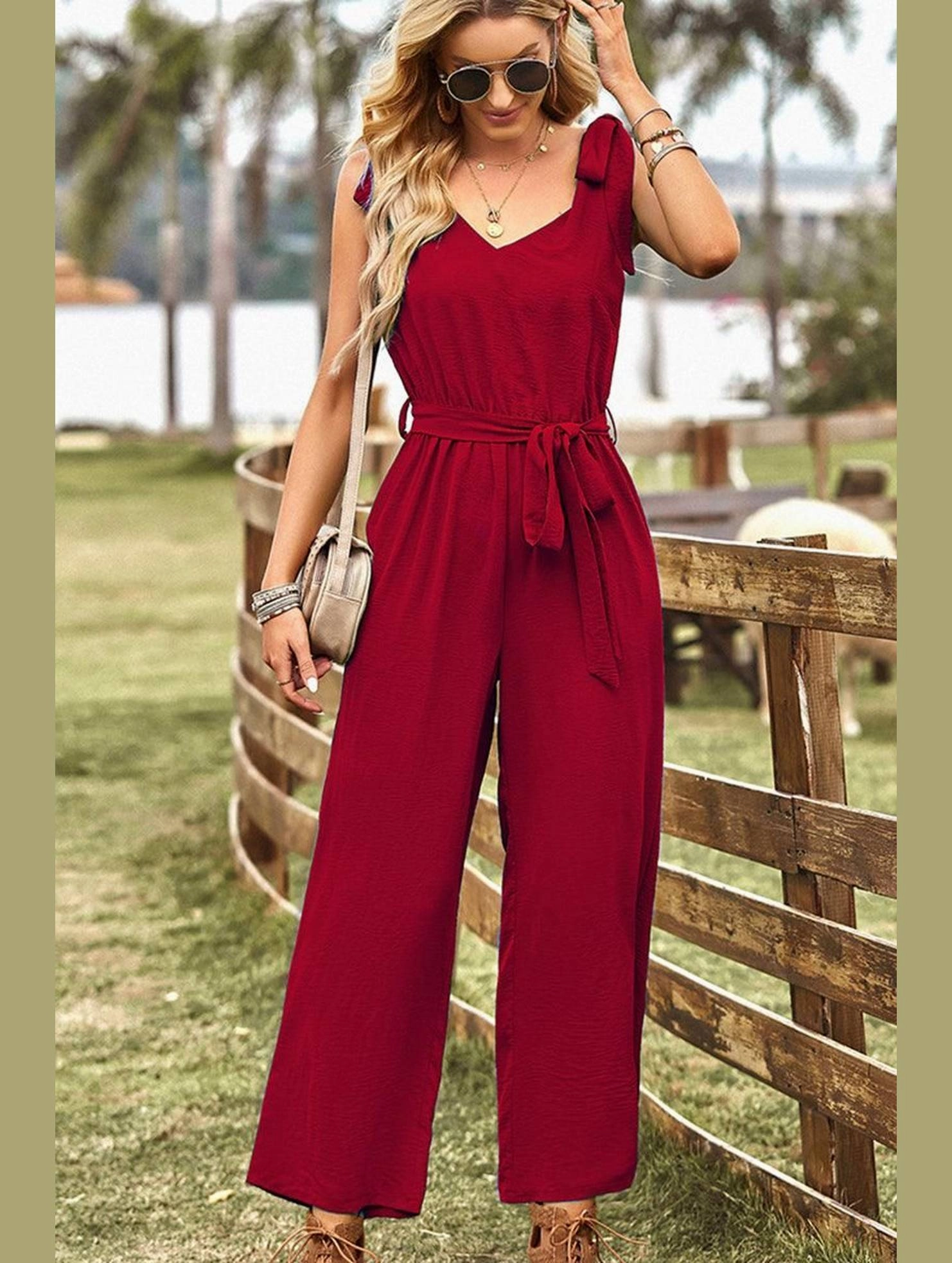 V NECK TIED WAIST RIBBON STRAP WIDE JUMPSUIT LightweightConstruction UV protection layer