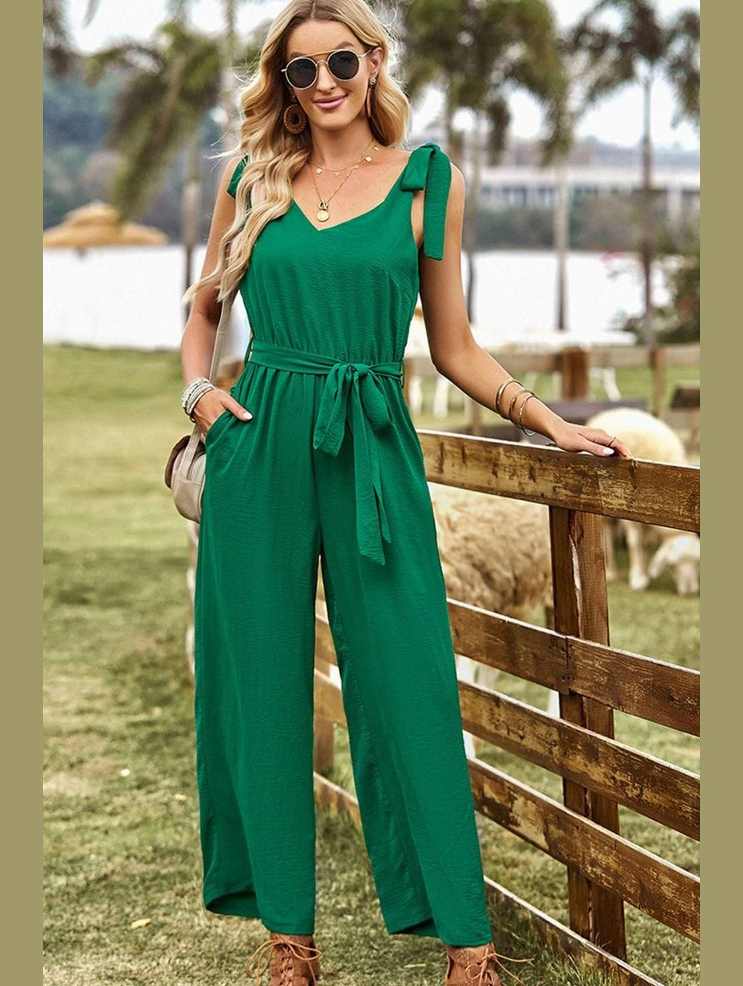 AntiPill Texture V NECK TIED WAIST RIBBON STRAP WIDE JUMPSUIT