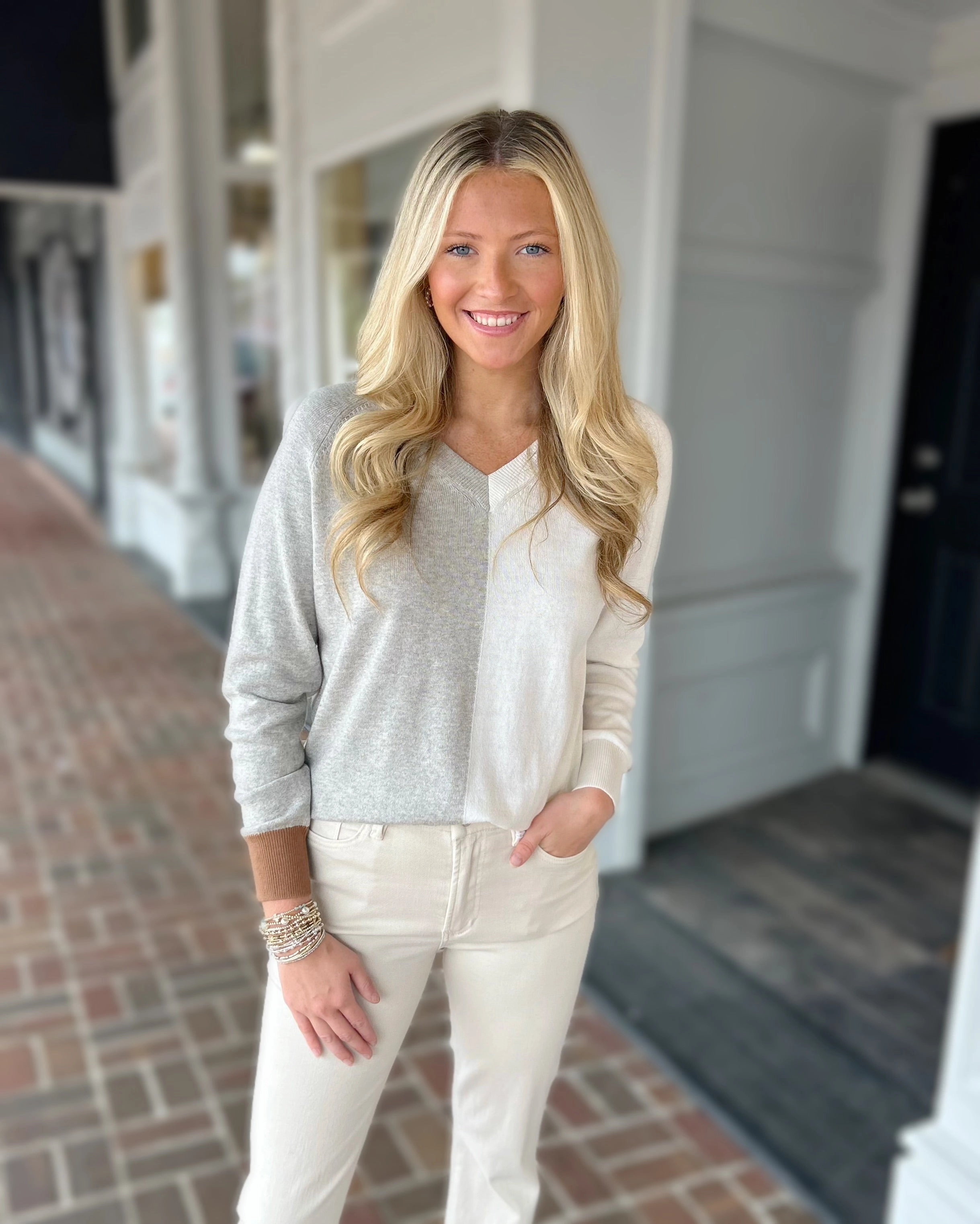 Varied Stripe V-Neck Sweater in Marl HighNeckline FlexibleCuffs