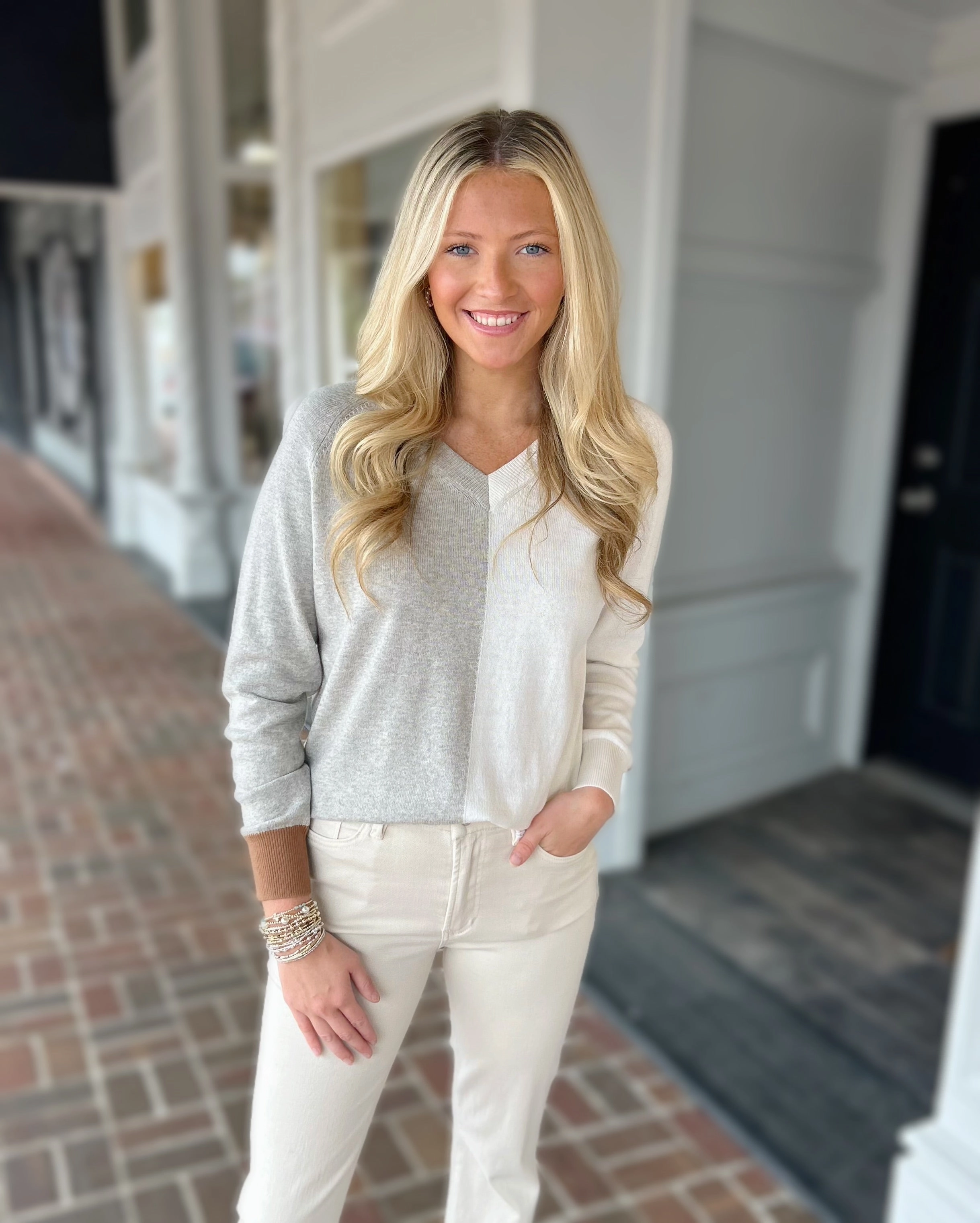 Varied Stripe V-Neck Sweater in Marl Active Blouse Cozy Layer