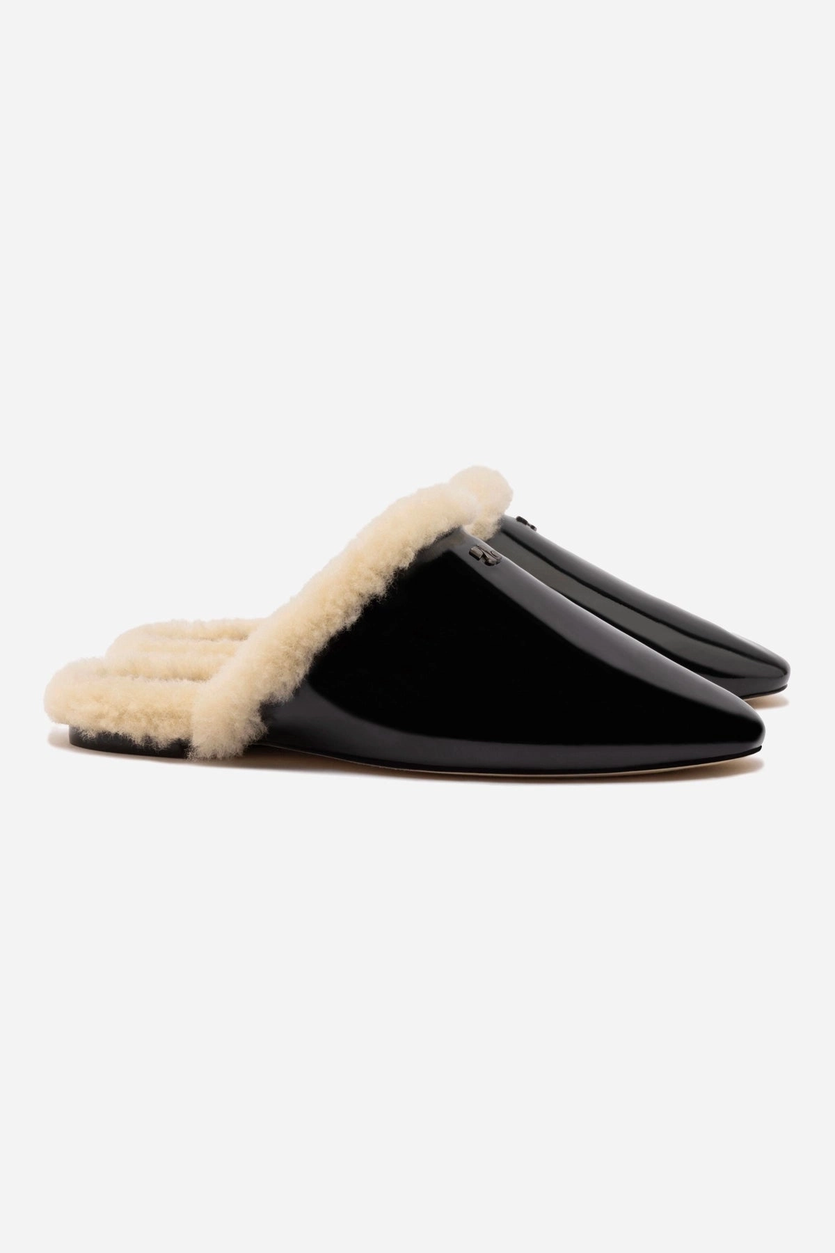 Pose Ready Bright Neon Venice Flat Mule In Black Patent Leather And Natural Shearling