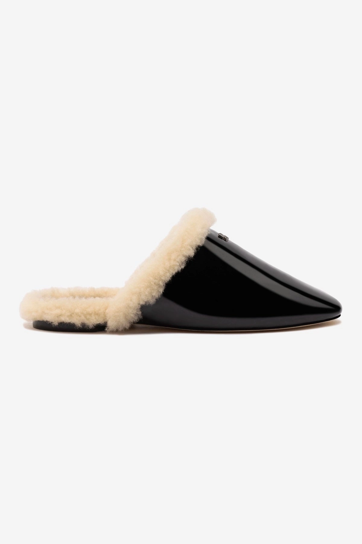 Venice Flat Mule In Black Patent Leather And Natural Shearling Summer Heat