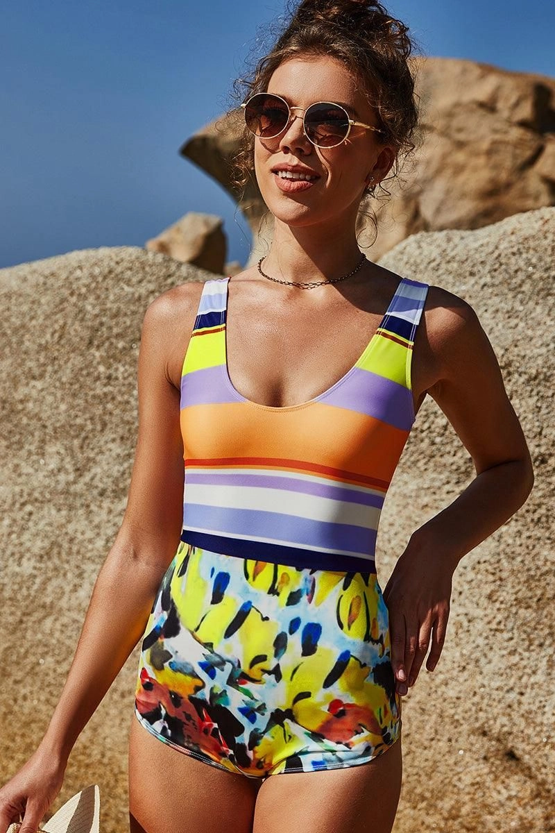 MULTI PATTERNED UP AND DOWN ONEPIECE SWIMSUIT Hidden Storage Pocket Silicone Print Detail