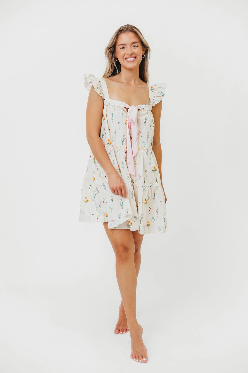Lulu Flutter Sleeve Mini Dress in Floral Natural Fit