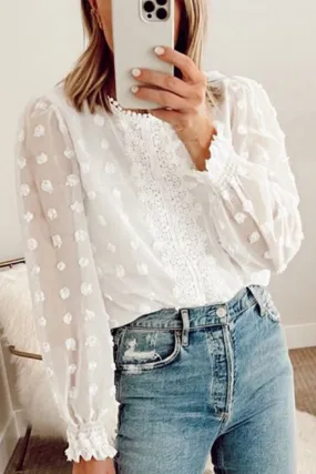 Oversized Collar ResilientStretch WOMEN LACE SWISS DOT RUFFLE CUFF BLOUSE