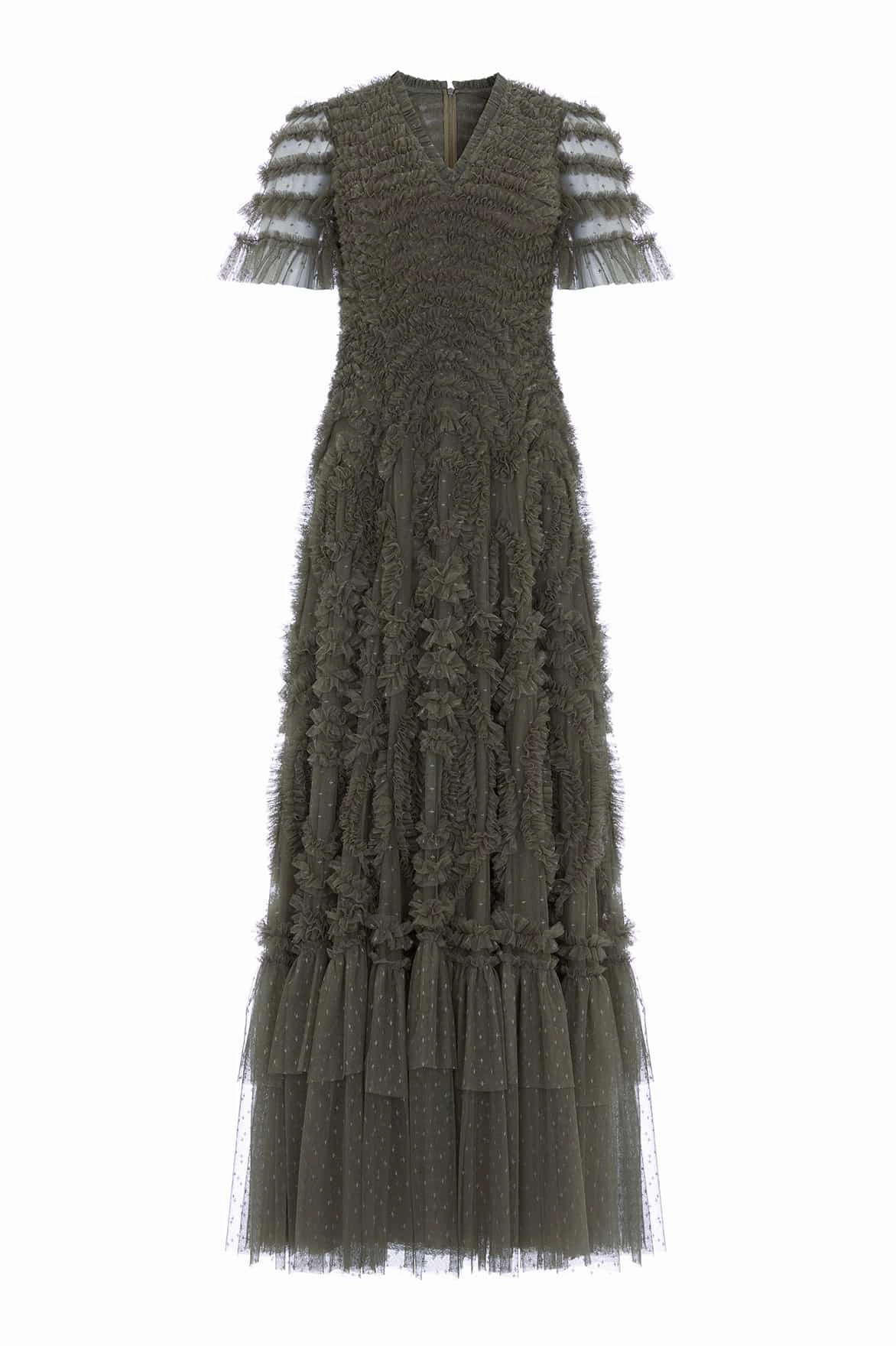 Soft and Smooth Sheer Light Verity Ruffle V-Neck Gown